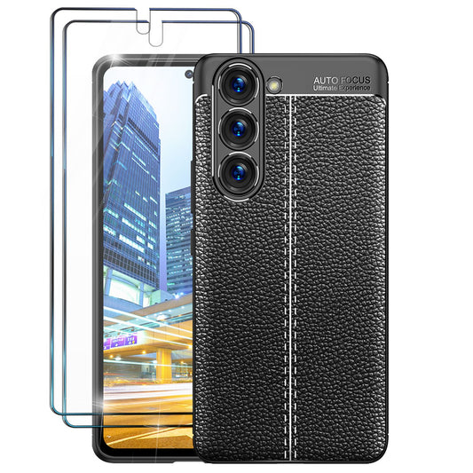Leder Look Silikon Hülle für Samsung Galaxy S23 Plus, 2x Displayschutz, Schwarz
