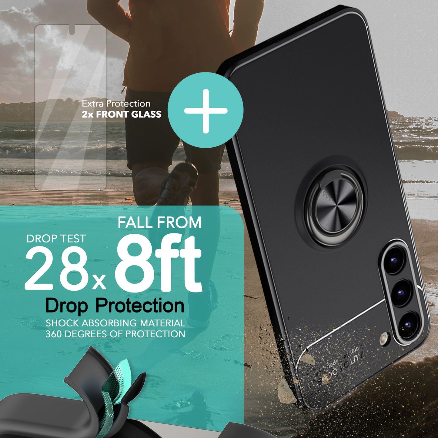 Matte Ring Silikon Hülle für Samsung Galaxy S23 Plus, 2x Displayglas