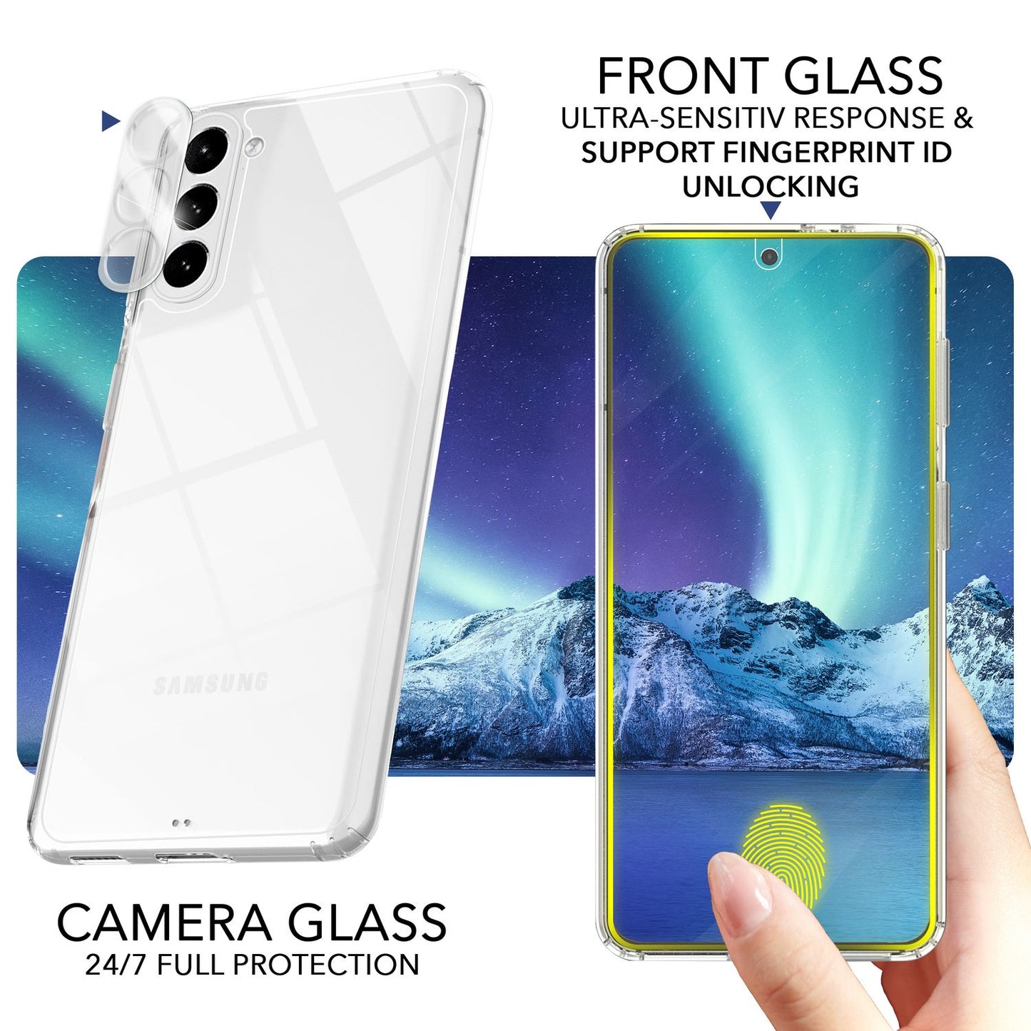 Klare Hülle für Samsung Galaxy S23, 2x Displayglas & Kameraschutz, Transparent