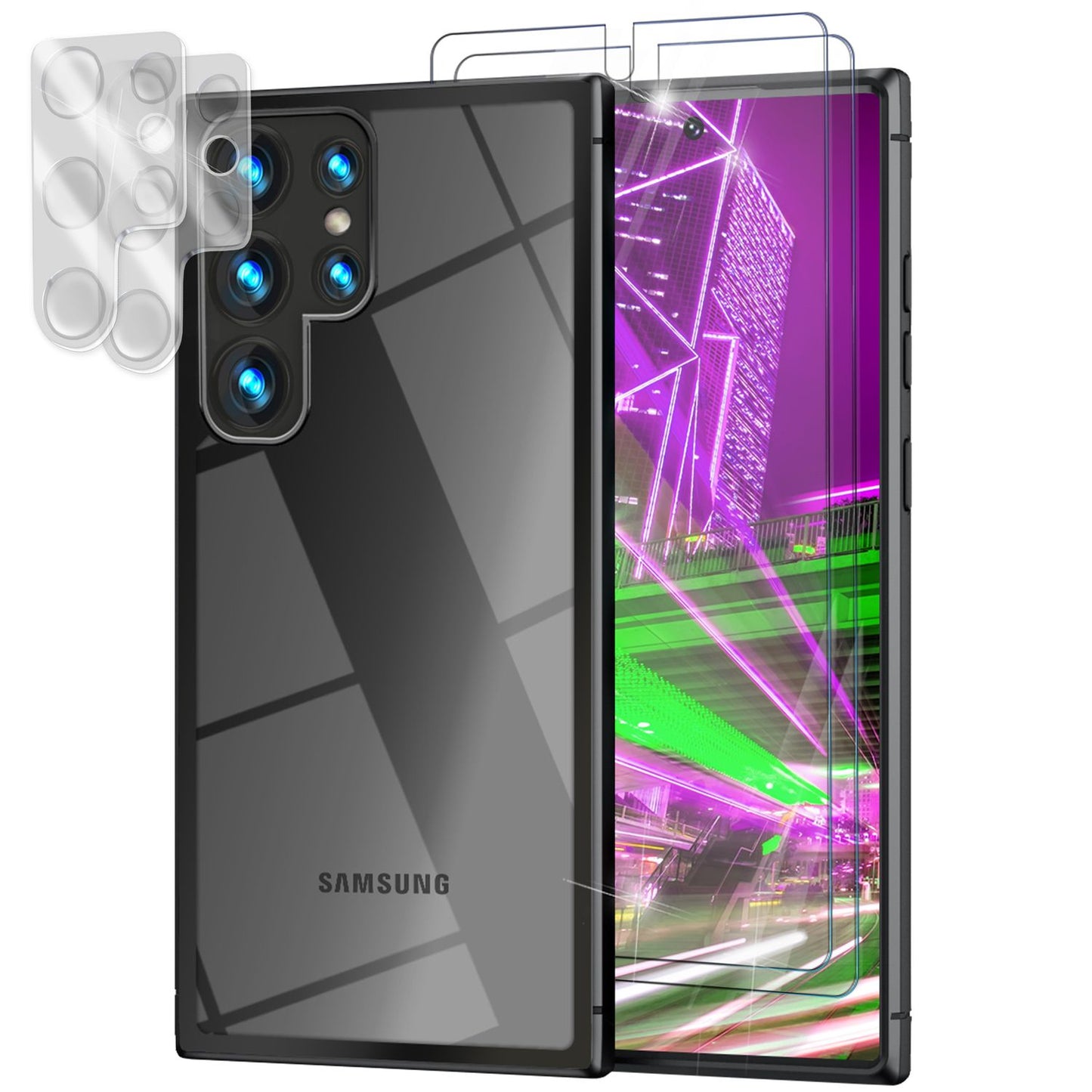 Hybrid Hülle für Samsung Galaxy S23 Ultra, 2x Display- & Kameraschutz, Schwarz