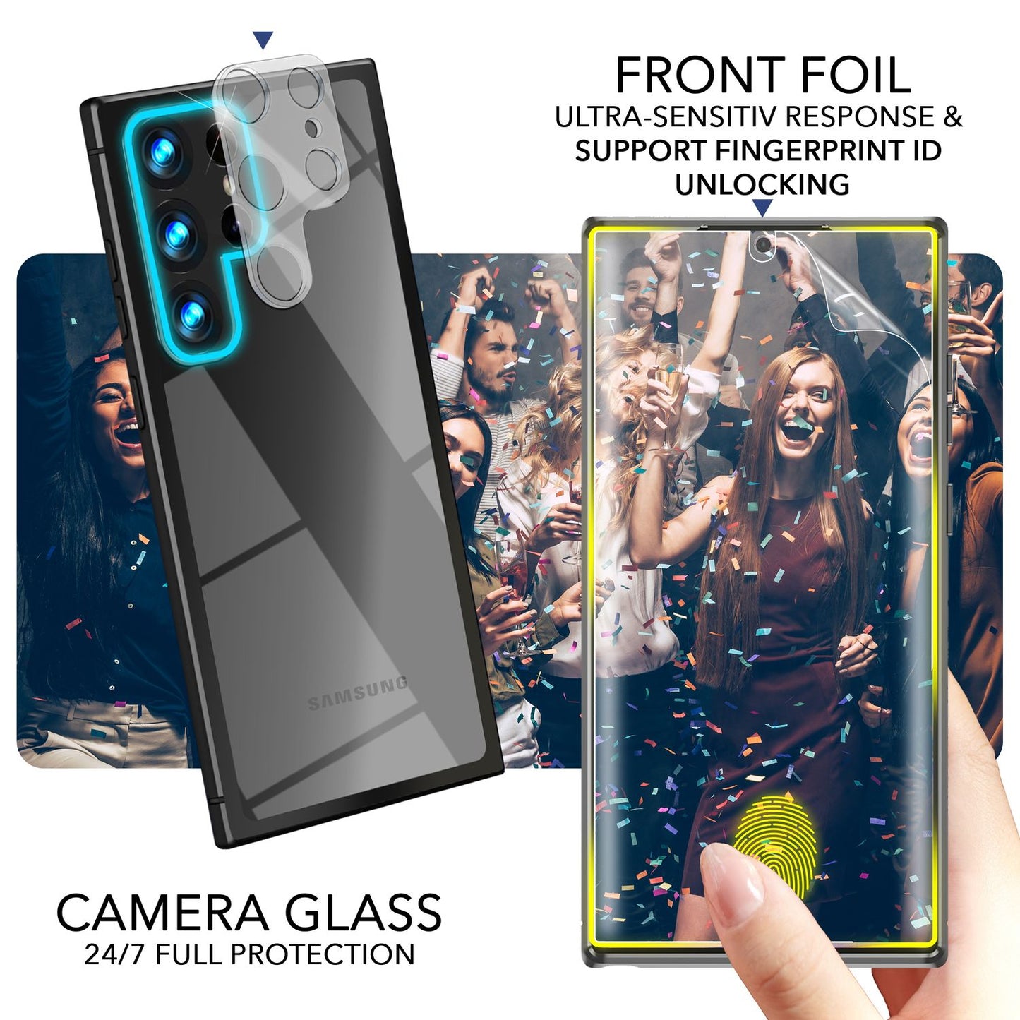 Hybrid Hülle für Samsung Galaxy S23 Ultra, 2x Display- & Kameraschutz, Schwarz