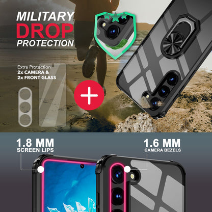 Klare Ring Hülle für Samsung Galaxy S23, 2x Displayglas & Kameraschutz, Schwarz